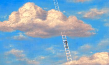 Conceptual art, surreal painting, man with stair in the sky, cloud painting, success hope heaven ambition and dream concept, 3d illustration