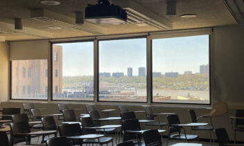 Empty classroom with view of the Hudson River (New York, NY)