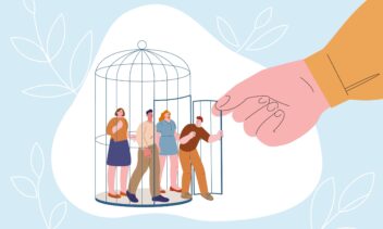 People freedom concept. Crowd exit from cage, giant hand opened door for women and men. Release and open new perspective, expand internal borders kicky vector scene of cage and freedom illustration