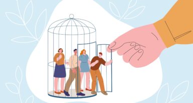 People freedom concept. Crowd exit from cage, giant hand opened door for women and men. Release and open new perspective, expand internal borders kicky vector scene of cage and freedom illustration