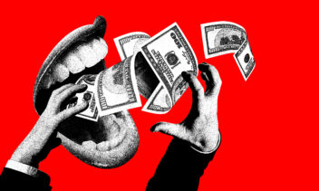 Black and white illustration of mouth eating money. Concept of financial literacy, economic, business, money. Critique the excesses of capitalism, greed, materialism, consumerism. Contemporary art collage.