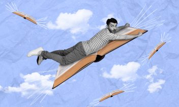 Creative abstract template collage of funny funky scared falling man flying book wings fairy tale imagination inspiration clouds sky.